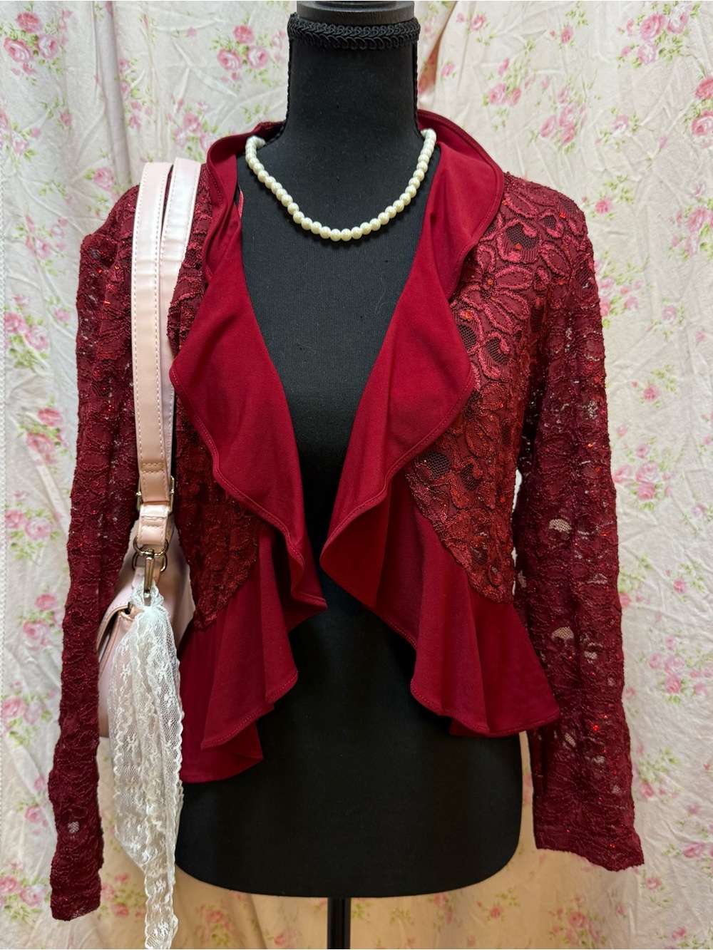 R&M Richards Burgundy Lace Open-Front Ruffle Cardigan